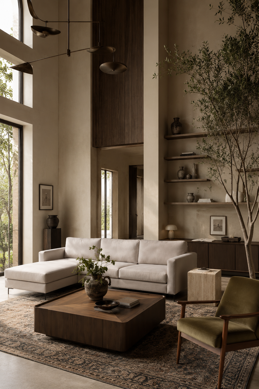 Double-height organic modern living room with a neutral sectional, walnut coffee table, sculptural chandelier, and mature indoor tree.