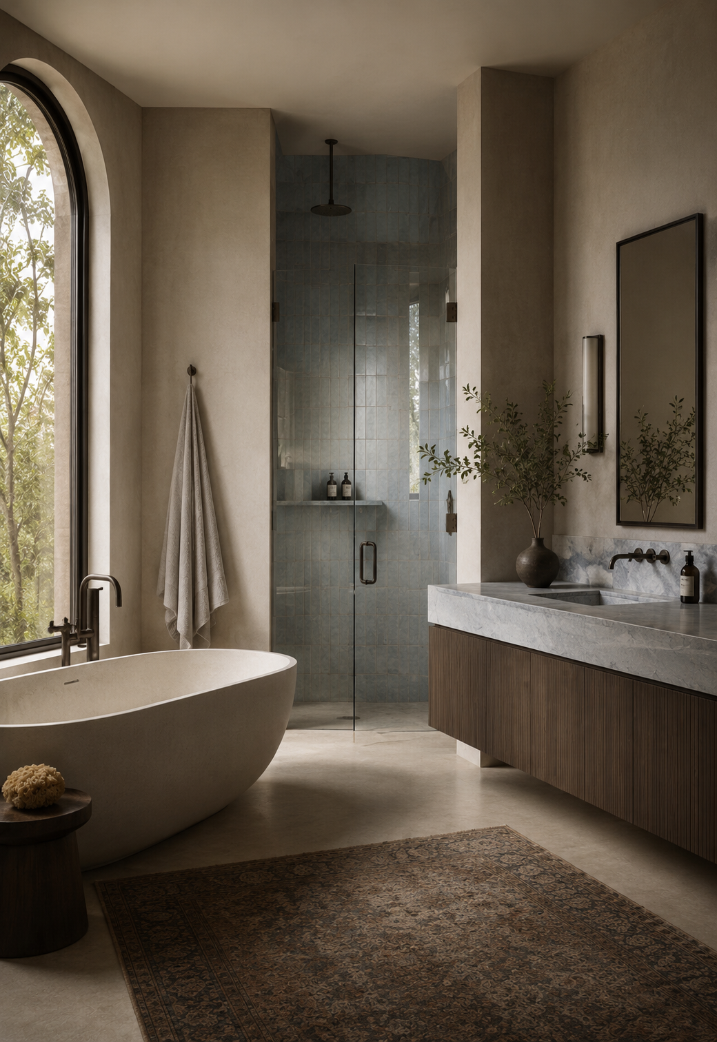 Organic modern primary bathroom with freestanding tub, arched window, blue-grey shower tile, walnut vanity, and marble.